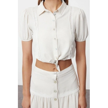 Moda Gömlek Yaka Dokuma Crop Düz Desen Plaj Crop Kısa Kol Bluz