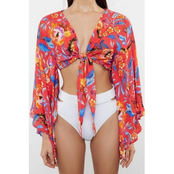 Moda V Yaka Dokuma Crop Çiçekli Desen Plaj Crop Uzun Kol Bluz