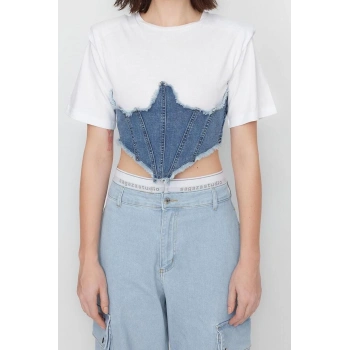 Moda Bisiklet Yaka Denim Fit Düz Desen Parti Regular Kısa Kol Bluz