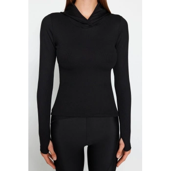 Moda Kapüşonlu Örme Fit Düz Desen Sportswear Regular Uzun Kol Bluz