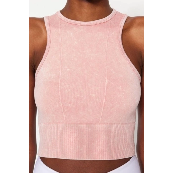 Moda Halter Yaka Örme Fit Düz Desen Sportswear Crop Kolsuz Bluz