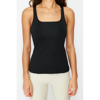 Moda Kare Yaka Örme Fit Düz Desen Sportswear Regular Askılı Kol Bluz