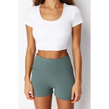 Moda Havuz Yaka Örme Fit Düz Desen Sportswear Crop Kısa Kol Bluz