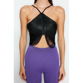 Moda Halter Yaka Dokuma Regular Düz Desen Şık gece Crop Kolsuz Bluz
