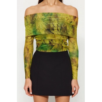 Moda Carmen Yaka Örme Slim Fit Çiçekli Desen Şık gece Crop Uzun Kol Bluz