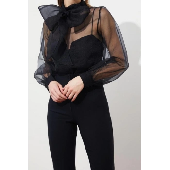 Moda Dik Yaka Dokuma Slim Fit Düz Desen Şık gece Regular Uzun Kol Bluz