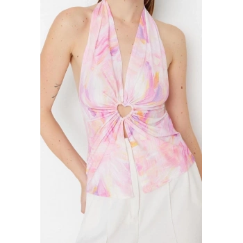 Moda V Yaka Örme Regular Soyut Desen Şık gece Crop Kolsuz Bluz