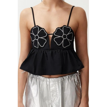 Moda Kalp Yaka Dokuma Crop Düz Desen Şık gece Crop Askılı Kol Bluz