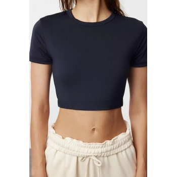 Moda Bisiklet Yaka Örme Fit Düz Desen Sportswear Super Crop Kısa Kol Bluz