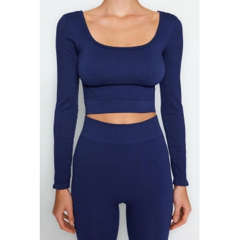 Moda Kare Yaka Örme Fit Düz Desen Sportswear Crop Uzun Kol Bluz