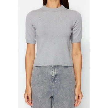 Moda Bisiklet Yaka Triko Regular Düz Desen Casual Günlük Crop Kısa Kol Bluz