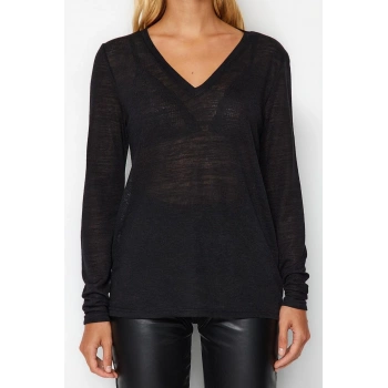 Moda V Yaka Örme Regular Düz Desen Casual Günlük Regular Uzun Kol Bluz