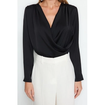 Moda Kruvaze Dokuma Regular Düz Desen Casual Günlük Regular Uzun Kol Bluz