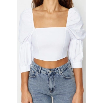 Moda Kare Yaka Dokuma Fit Düz Desen Casual Günlük Crop Truvakar Kol Kol Bluz