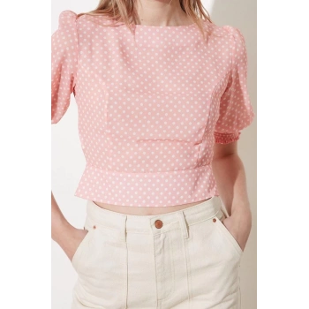 Moda Kayık Yaka Dokuma Regular Puantiyeli Desen Şık gece Regular Kısa Kol Bluz