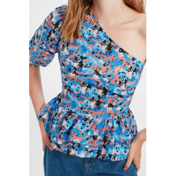 Moda Devrik Yaka Dokuma Regular Çiçekli Desen Casual Günlük Regular Kısa Kol Bluz