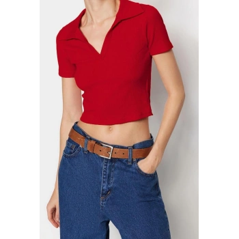 Moda Polo Yaka Örme Slim Slogan Desen Casual Günlük Crop Kısa Kol Bluz