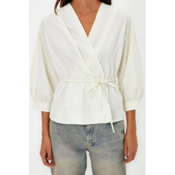 Moda Kruvaze Dokuma Regular Düz Desen Casual Günlük Regular Uzun Kol Bluz