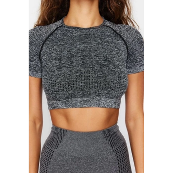 Moda Bisiklet Yaka Örme Fit Düz Desen Sportswear Crop Kısa Kol Bluz
