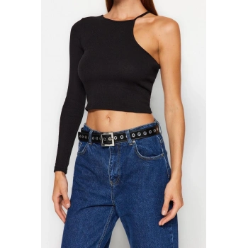 Moda Bisiklet Yaka Örme Slim Düz Desen Casual Günlük Crop Uzun Kol Bluz