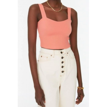 Moda Kare Yaka Triko Slim Düz Desen Casual Günlük Crop Askılı Kol Bluz