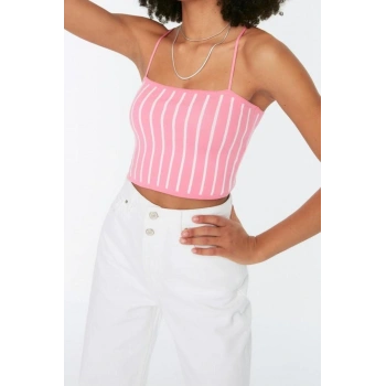 Moda Kare Yaka Triko Slim Renk Bloklu Desen Casual Günlük Super Crop Askılı Kol Bluz