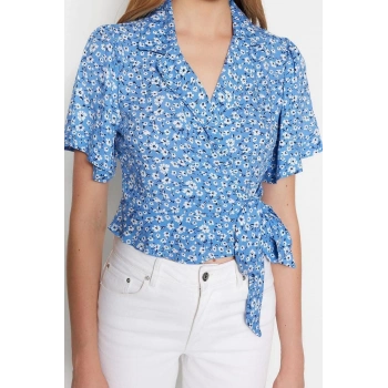 Moda Ceket Yaka Dokuma Fit Çiçekli Desen Casual Günlük Crop Kısa Kol Bluz