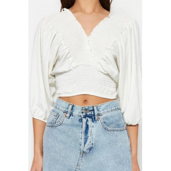 Moda V Yaka Örme Regular Düz Desen Resmi Crop Truvakar Kol Kol Bluz