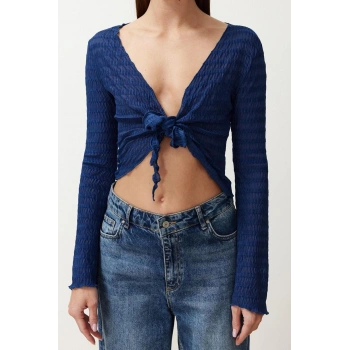 Moda V Yaka Örme Regular Düz Desen Casual Günlük Regular Uzun Kol Bluz