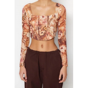 Moda Kare Yaka Örme Slim Fit Baskılı Desen Casual Günlük Crop Uzun Kol Bluz