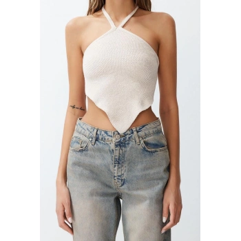 Moda Boyundan Bağlamalı Triko Regular Düz Desen Casual Günlük Super Crop Kolsuz Bluz