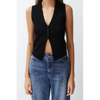 Moda V Yaka Triko Slim Düz Desen Casual Günlük Crop Kolsuz Bluz