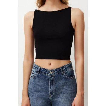 Moda Kayık Yaka Örme Slim Düz Desen Casual Günlük Crop Askılı Kol Bluz