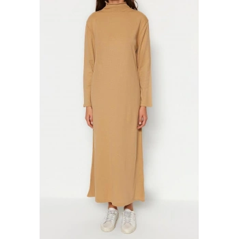 Moda Regular Günlük Tek Plaka Triko Yarım Balıkçı Yaka Uzun Kol Shift Uzun Boy Tesettür Elbise