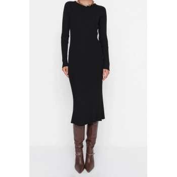 Moda Slim Casual Günlük Dolu İğne Triko Bisiklet Yaka Uzun Kol Bodycone Midi Boy Elbise