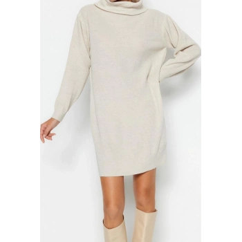 Moda Oversize Casual Günlük Fitilli Triko Balıkçı Yaka Uzun Kol Kazak Elbise Mini Boy Elbise