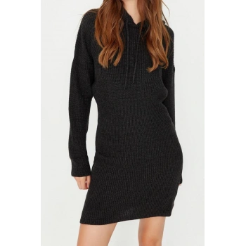 Moda Regular Casual Günlük Dolu İğne Triko Kapüşonlu Uzun Kol Kazak Elbise Mini Boy Elbise