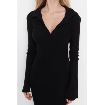 Moda Slim Casual Günlük Fırçalı Rejenere Kaşkors Örme Polo Yaka Uzun Kol Bodycone Midi Boy Elbise