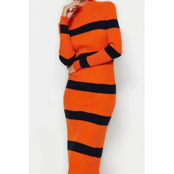 Moda Slim Casual Günlük Tek Plaka Triko Dik Yaka Uzun Kol Bodycone Midi Boy Elbise