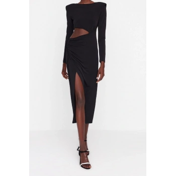 Moda Fit Mezuniyet Balo Sandy Örme Kruvaze Uzun Kol Anvelop Midi Boy Elbise