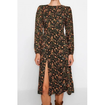 Moda Yırtmaçlı Casual Günlük Shally Dokuma Bisiklet Yaka Uzun Kol A-Line Midi Boy Elbise