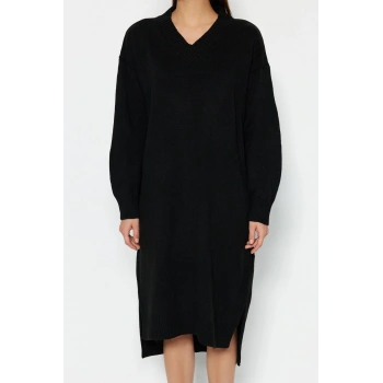 Moda Oversize Casual Günlük Selanik Triko V Yaka Uzun Kol Shift Maxi Boy Elbise