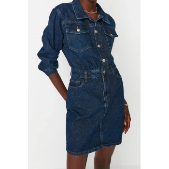 Moda Slim Şık Abiye Gece Rigid Denim Gömlek Yaka Truvakar Kol Kol Bodycone Mini Boy Elbise