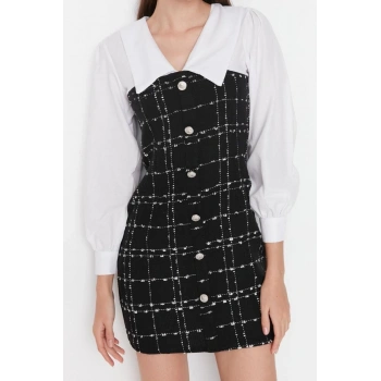 Moda Regular Gündüz Gece Tüvit Dokuma Gömlek Yaka Uzun Kol Bodycone Mini Boy Elbise