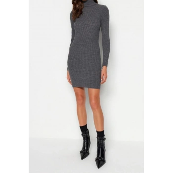 Moda Slim Casual Günlük Tek Plaka Triko Dik Yaka Uzun Kol Bodycone Mini Boy Elbise