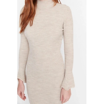 Moda Slim Casual Günlük Fitilli Triko Dik Yaka Uzun Kol Bodycone Mini Boy Elbise