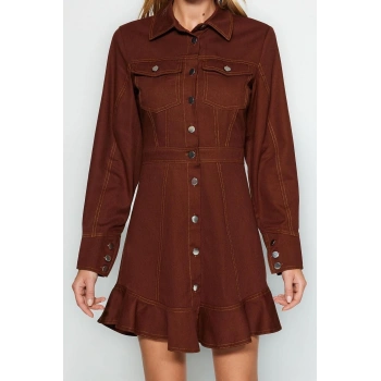 Moda Fit Gündüz Gece Gabardin Dokuma Gömlek Yaka Uzun Kol Gömlek Elbise Mini Boy Elbise