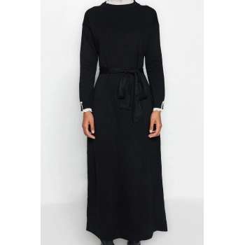 Moda Regular Casual Günlük Pike Triko Dik Yaka Uzun Kol Shift Maxi Boy Tesettür Elbise