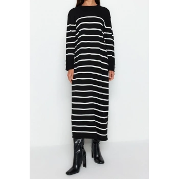 Moda Regular Casual Günlük Çift Plaka Triko Bisiklet Yaka Uzun Kol Shift Maxi Boy Tesettür Elbise