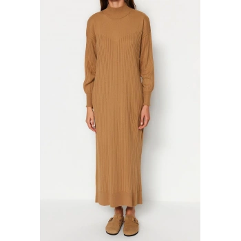 Moda Regular Günlük Ribana Kaşkorse Triko Bisiklet Yaka Uzun Kol Shift Maxi Boy Tesettür Elbise